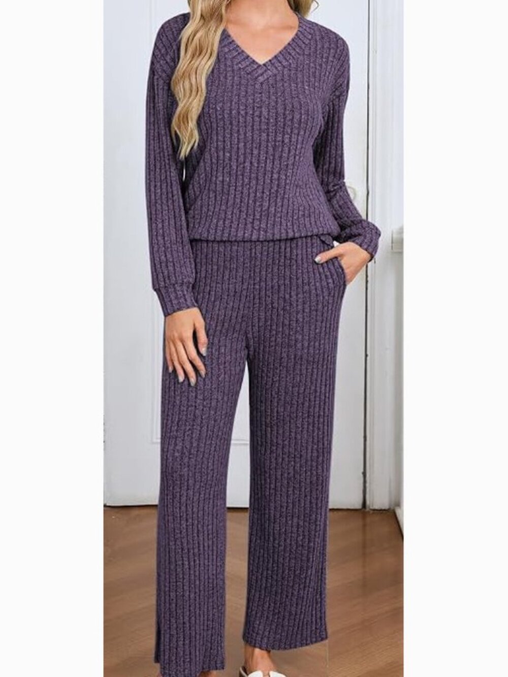 Two Piece Ribbed Knit Loungewear/Pajama Set with Pockets